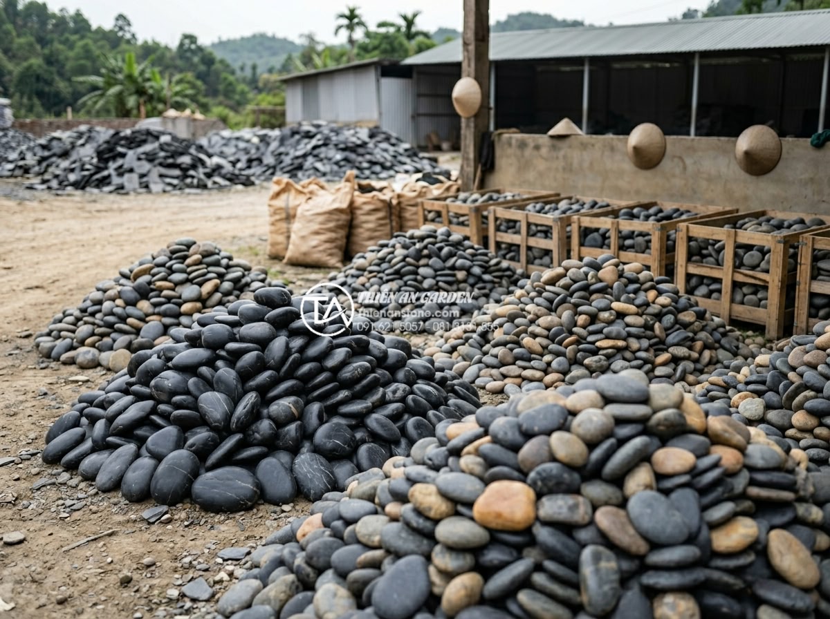 Đá rối đa sắc: Lựa chọn hàng đầu cho các resort và villa cao cấp - Sorted piles of high-quality multi-colored tumbled stones ready for export and l