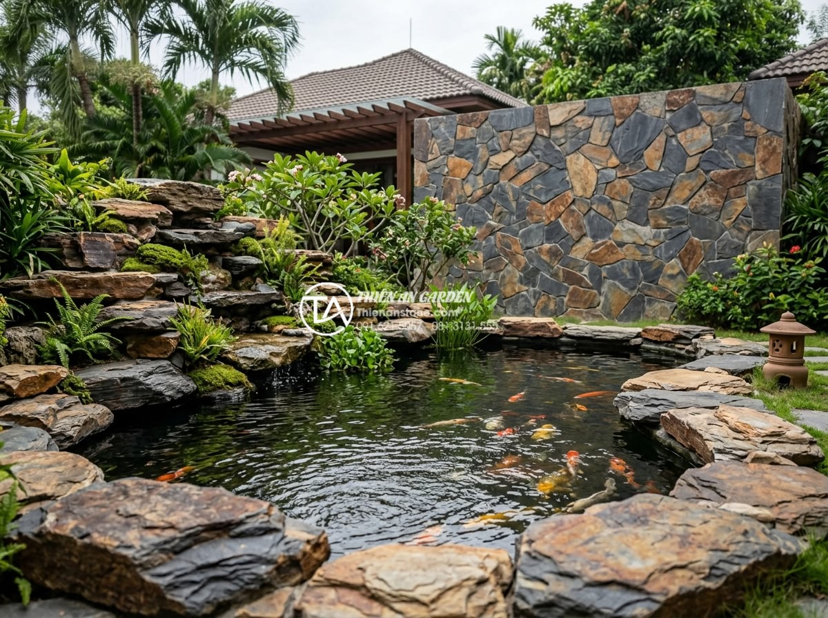 Đá rối đa sắc: Lựa chọn hàng đầu cho các resort và villa cao cấp - Elegant villa backyard featuring multi-colored stone rockery, Koi pond and natur