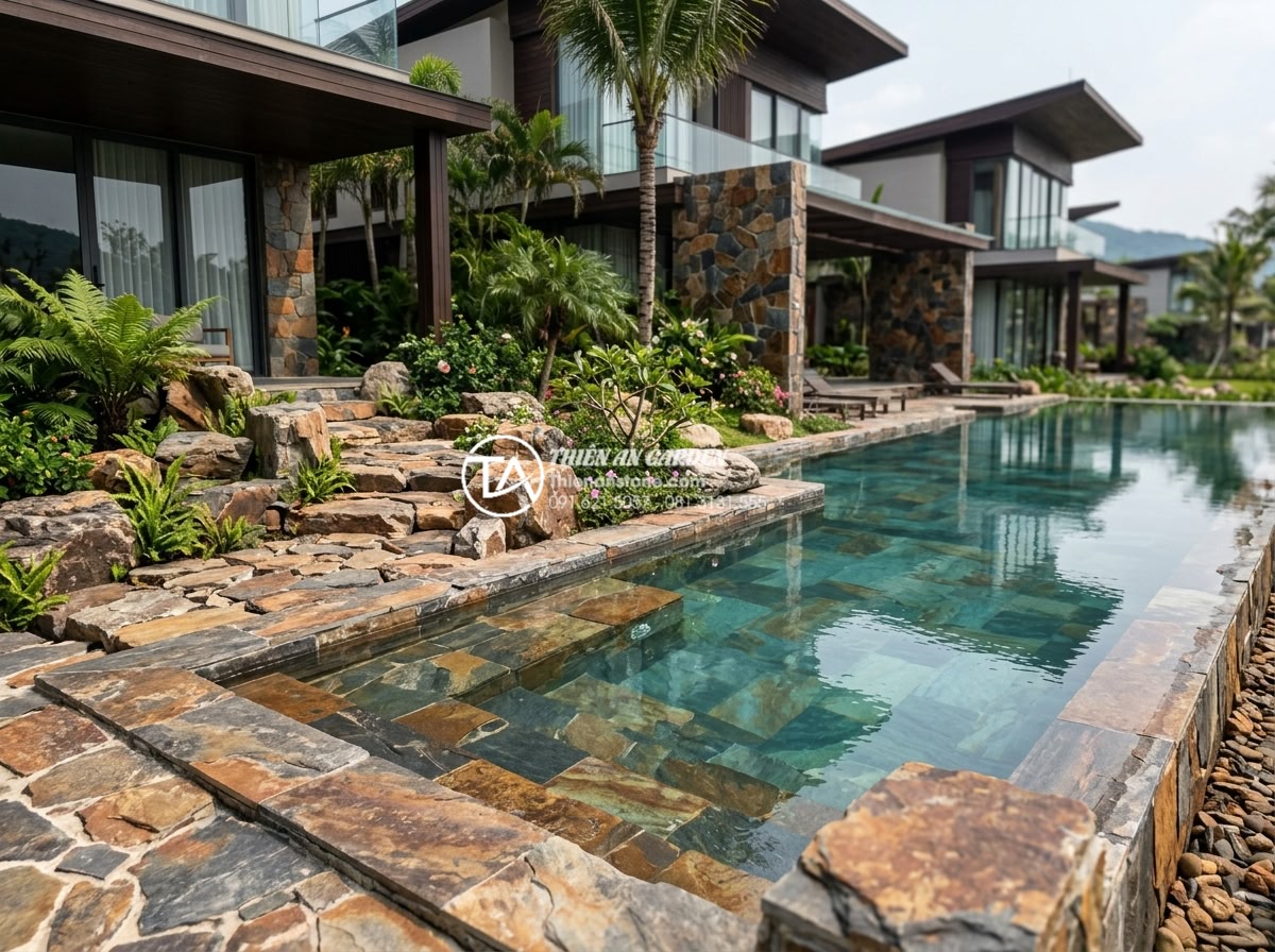 Đá rối là gì? Xu hướng sử dụng đá tự nhiên trong kiến trúc 2026 - Luxury resort exterior design with ragged stones integrated into pool area, rock