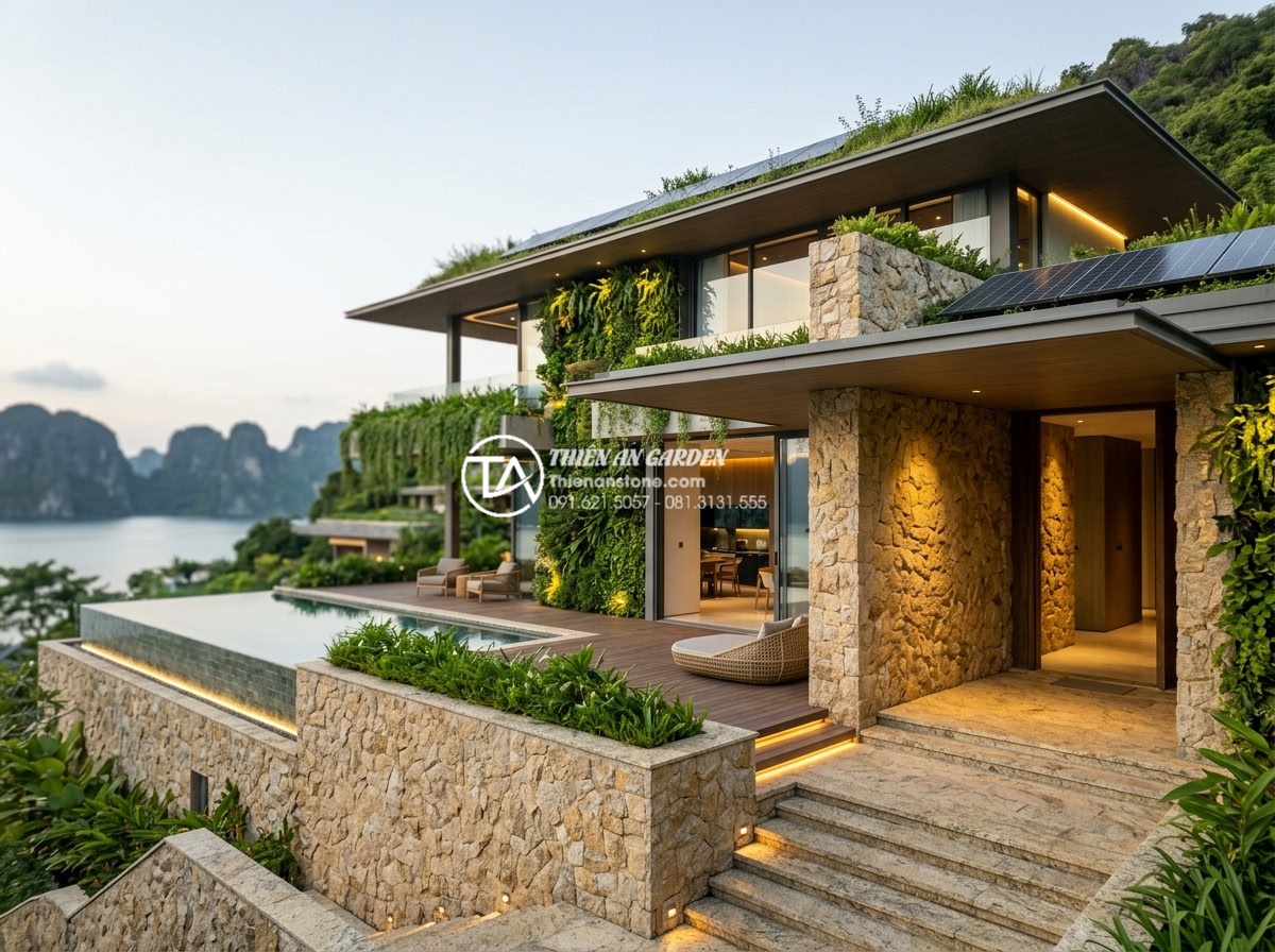 Đá rối là gì? Xu hướng sử dụng đá tự nhiên trong kiến trúc 2026 - Futuristic 2026 architectural rendering of luxury villa with natural ragged ston