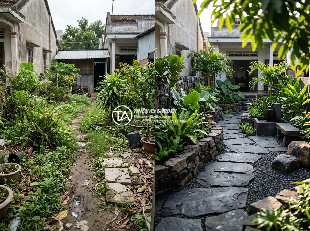 Đá rối là gì? Xu hướng sử dụng đá tự nhiên trong kiến trúc 2026 - Before and after comparison of garden transformation using ragged natural stones