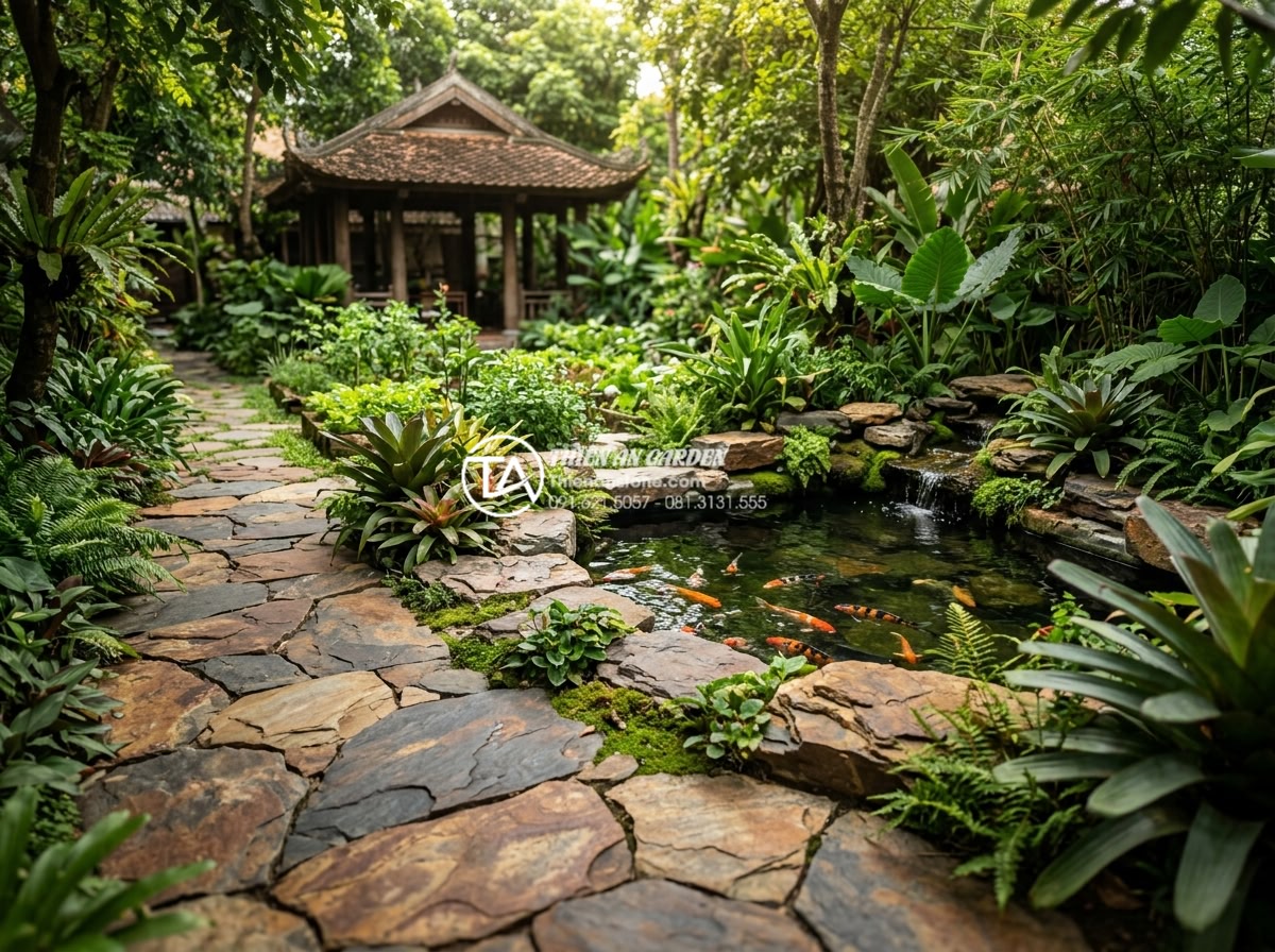Đá rối là gì? Xu hướng sử dụng đá tự nhiên trong kiến trúc 2026 - Beautiful sustainable garden with ragged stones, koi pond, and lush greenery sho