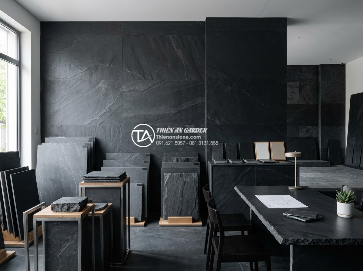 Đá rối là gì? Xu hướng sử dụng đá tự nhiên trong kiến trúc 2026 - Professional showroom interior displaying premium ragged stone selections with e
