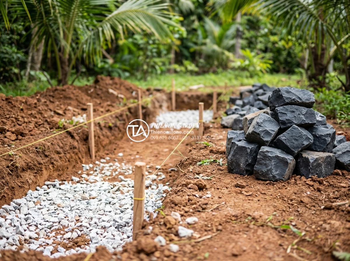Đá rối là gì? Xu hướng sử dụng đá tự nhiên trong kiến trúc 2026 - Detailed construction process of installing ragged stones in garden landscaping 