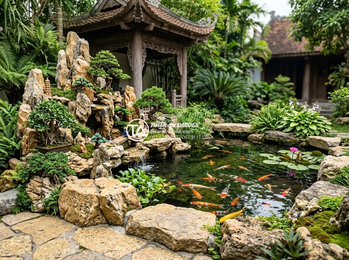 Đá rối là gì? Xu hướng sử dụng đá tự nhiên trong kiến trúc 2026 - Harmonious integration of ragged stones with koi pond and miniature non-bo lands
