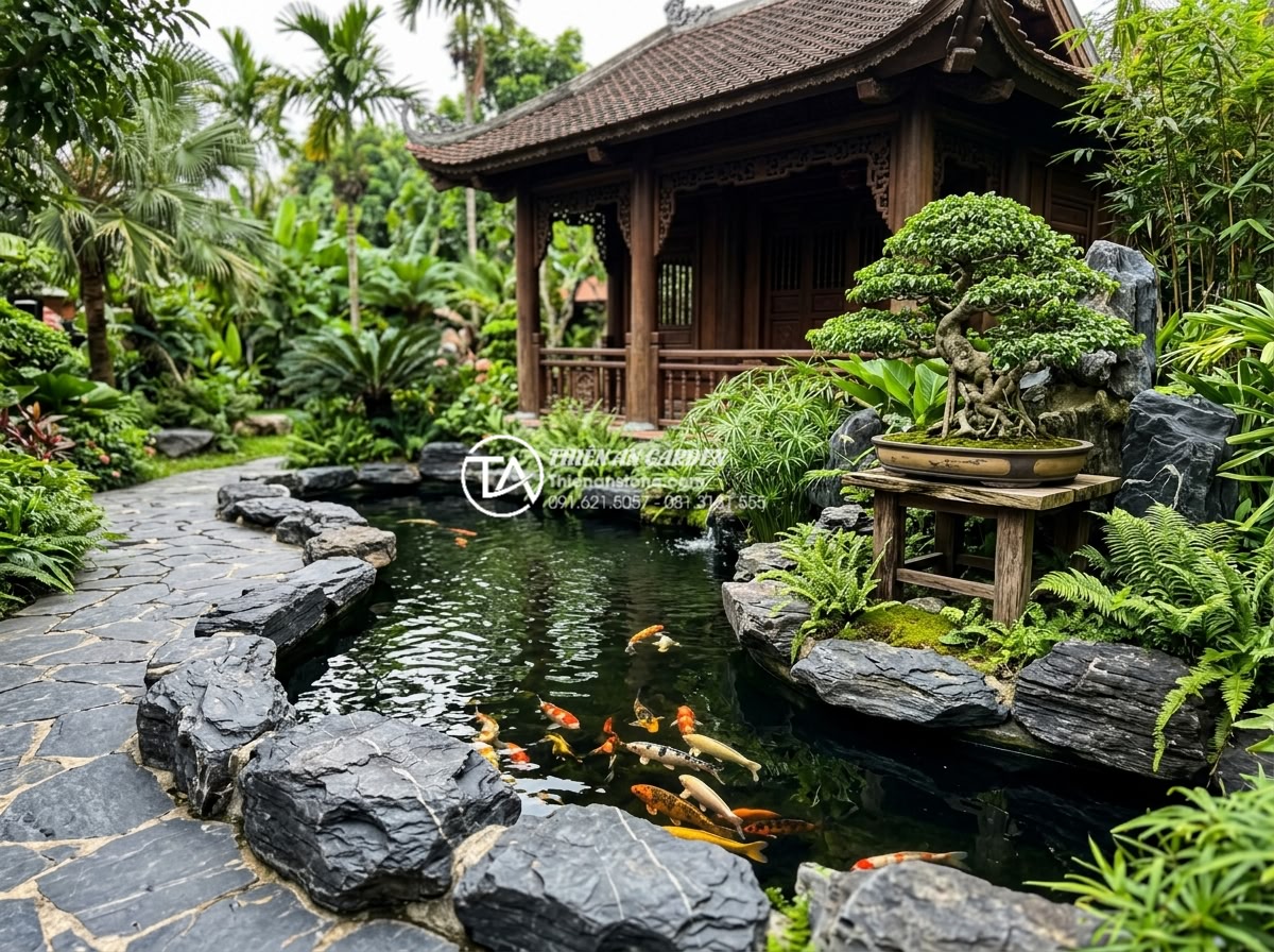 Đá rối là gì? Xu hướng sử dụng đá tự nhiên trong kiến trúc 2026 - Complete scenic view of garden featuring ragged stones, koi fish pond, bonsai, a