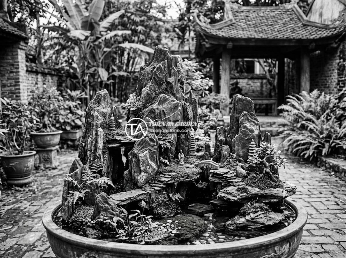 Đá rối là gì? Xu hướng sử dụng đá tự nhiên trong kiến trúc 2026 - Vintage black and white photo style of ancient Vietnamese garden with natural ra