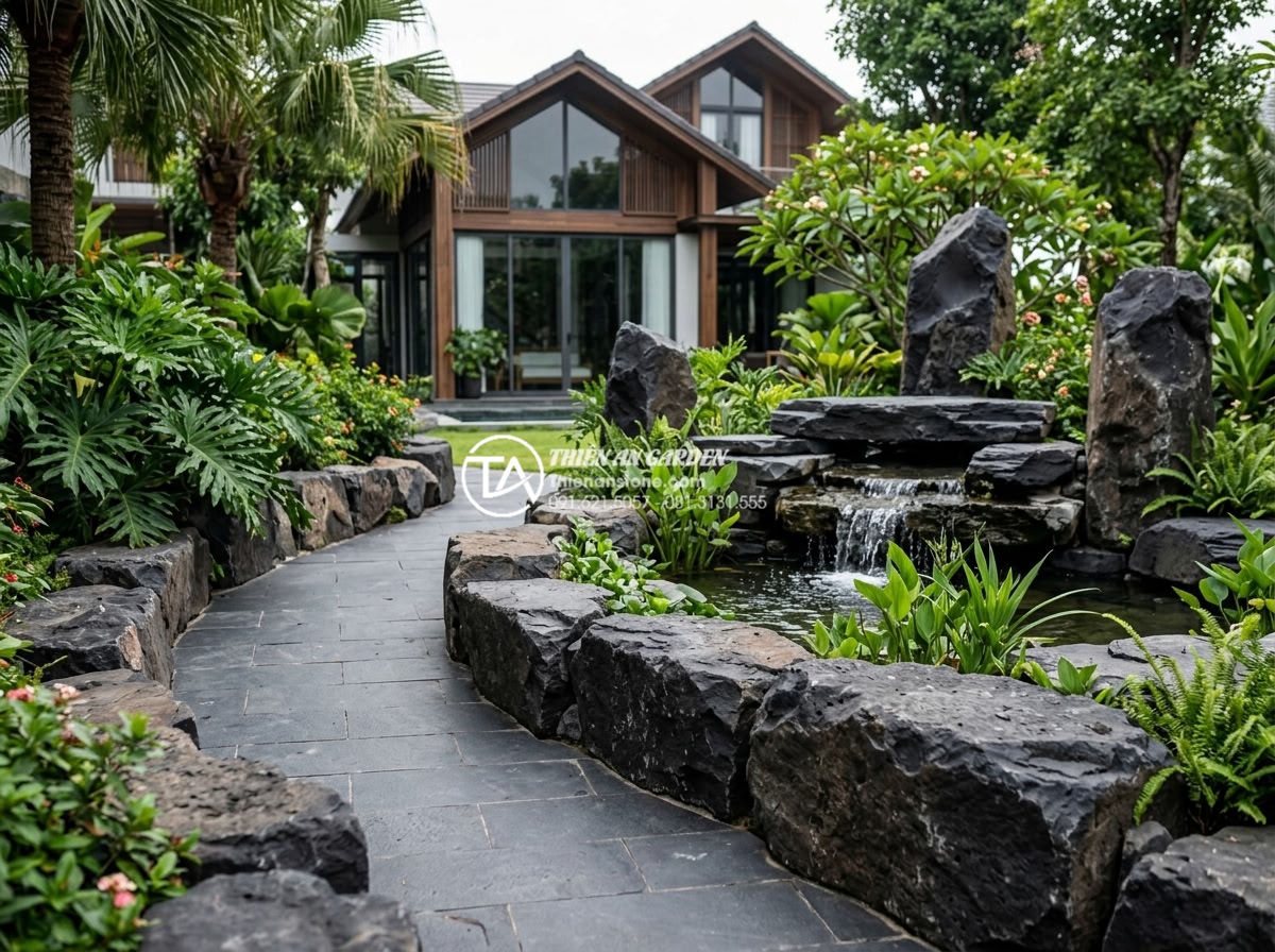 Đá rối là gì? Xu hướng sử dụng đá tự nhiên trong kiến trúc 2026 - Modern garden landscaping featuring large ragged natural stones as pathway borde