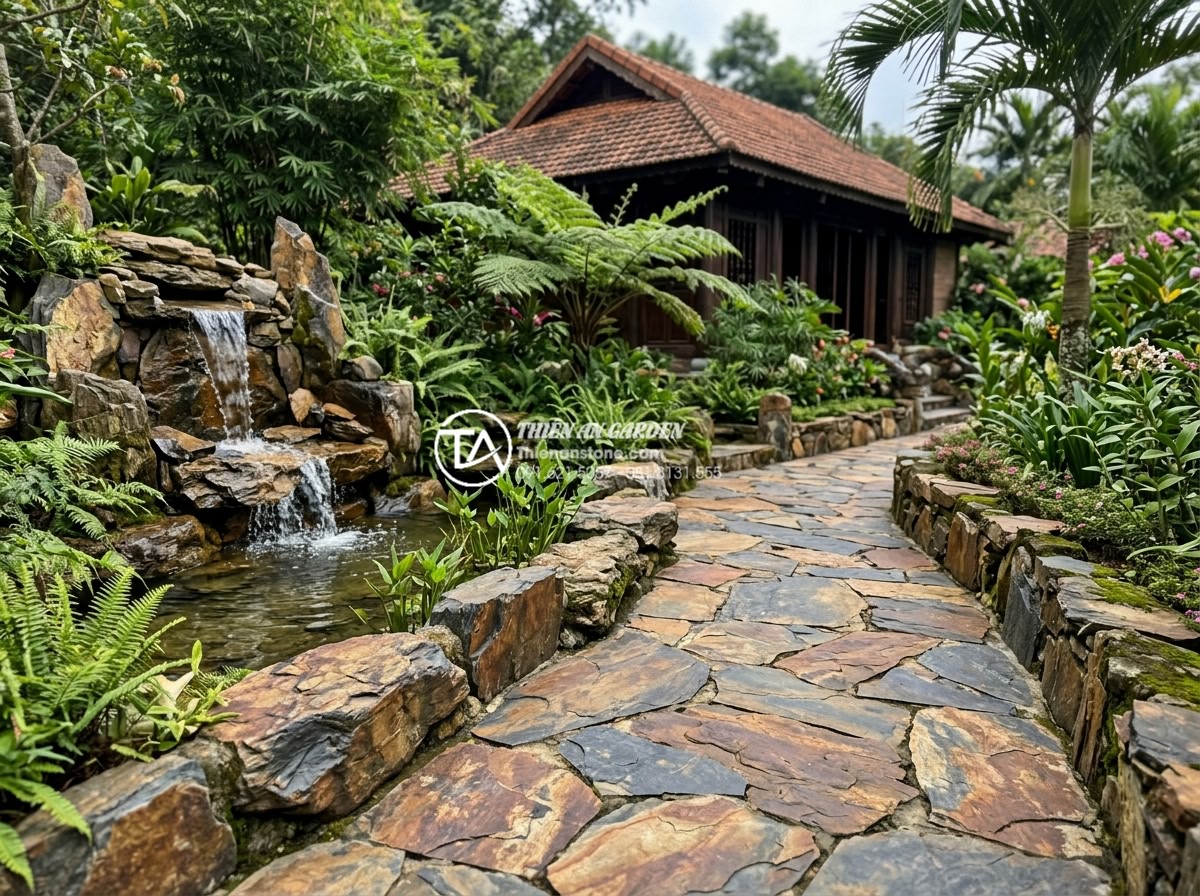 Đá rối Lai Châu: Đặc điểm, phân loại và bảng giá mới nhất - Resort landscape with Lai Chau stones used in waterfall, pathways and villa gard