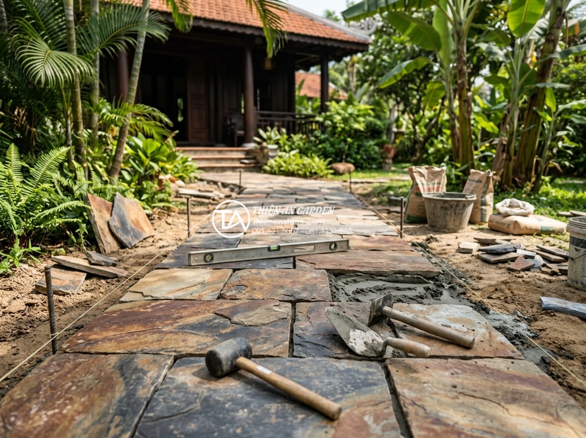 Đá rối Lai Châu: Đặc điểm, phân loại và bảng giá mới nhất - Professional installation process of Lai Chau stones by expert team in villa lan