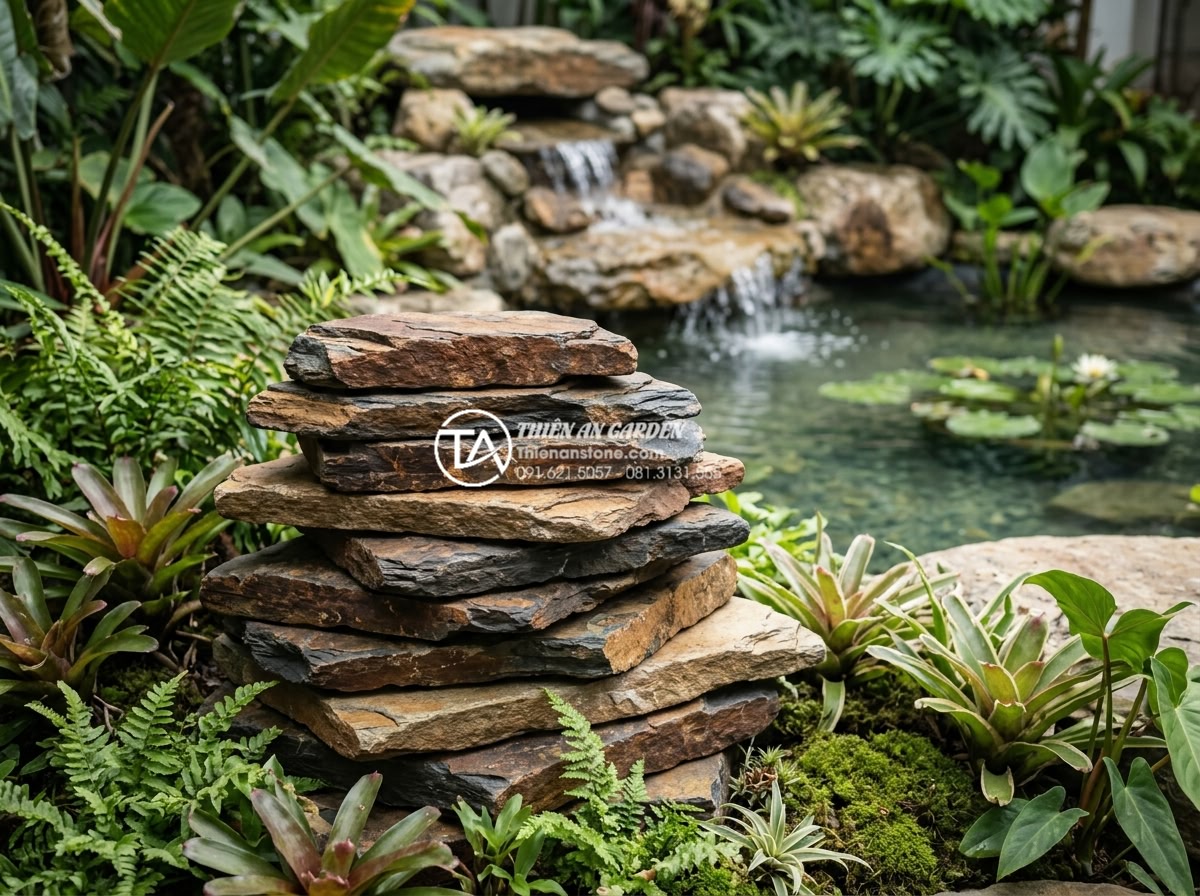 Đá rối Lai Châu: Đặc điểm, phân loại và bảng giá mới nhất - Natural black and multi-color Lai Chau stones stacked in garden landscaping disp