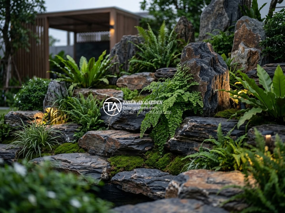 Đá rối Lai Châu: Đặc điểm, phân loại và bảng giá mới nhất - Elegant black disturbed stones from Lai Chau used in modern garden rockery with 