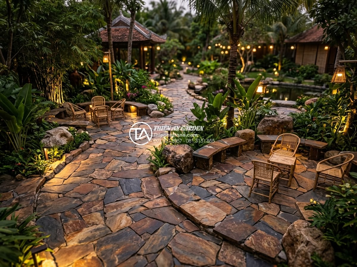 Đá rối lát sân vườn: Giải pháp thi công bền vững và thẩm mỹ - Luxury resort garden with extensive chaotic stone pathways, seating areas and in