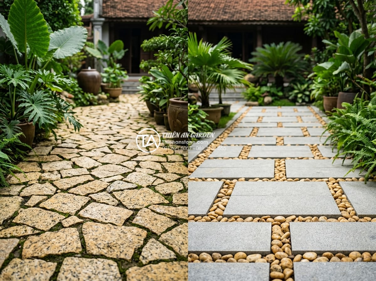 Đá rối lát sân vườn: Giải pháp thi công bền vững và thẩm mỹ - Side by side comparison of chaotic stone paving versus concrete tiles and pebble