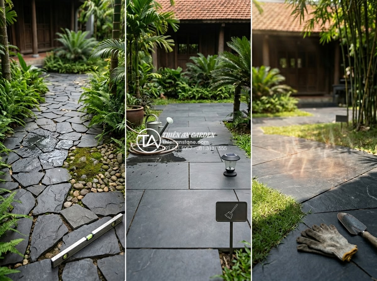 Đá rối lát sân vườn: Giải pháp thi công bền vững và thẩm mỹ - Visual comparison chart style image showing pros and cons of different garden pa