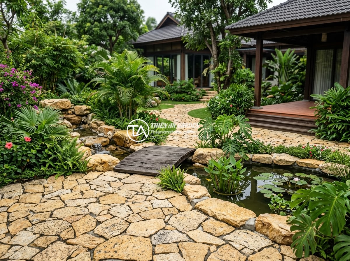 Đá rối lát sân vườn: Giải pháp thi công bền vững và thẩm mỹ - Real project photo of high-end villa garden fully paved with chaotic natural sto