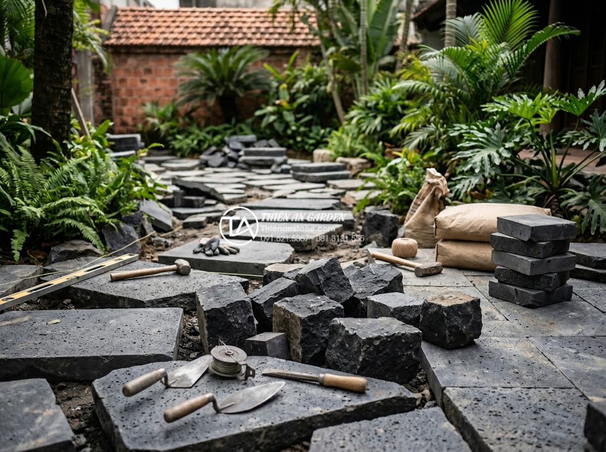 Đá rối lát sân vườn: Giải pháp thi công bền vững và thẩm mỹ - Professional landscape construction team from Thien An Stone working on a chaoti