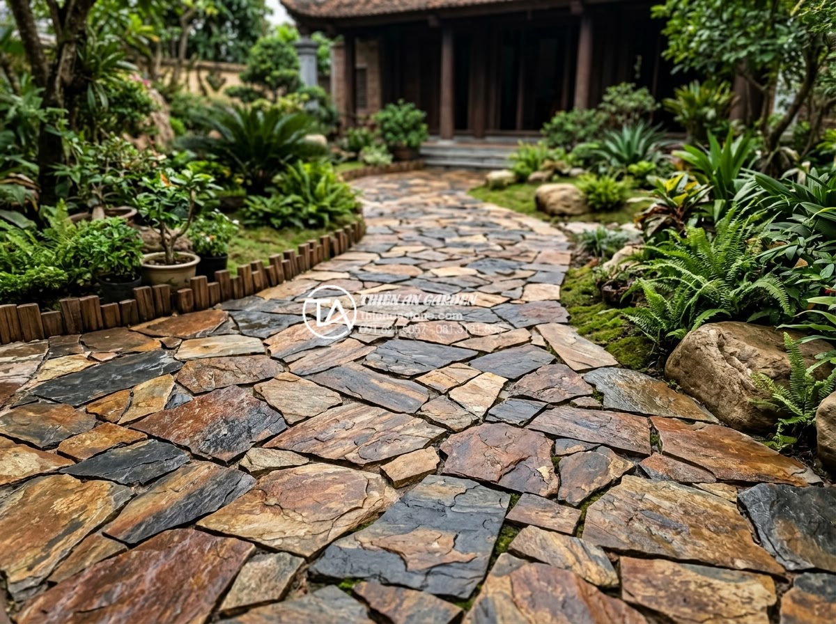 Đá rối lát sân vườn: Giải pháp thi công bền vững và thẩm mỹ - Completed high-quality chaotic stone paved garden by professional company showca