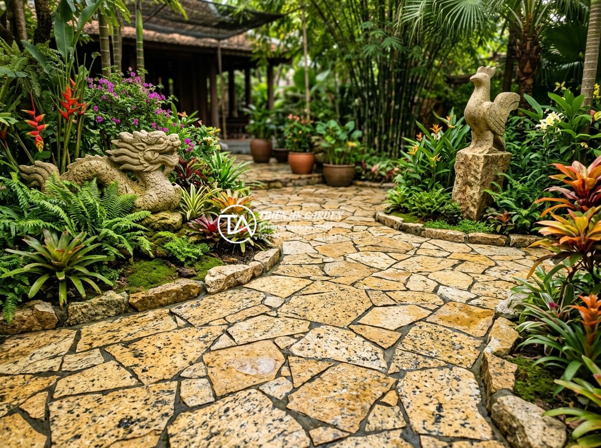 Đá rối lát sân vườn: Giải pháp thi công bền vững và thẩm mỹ - Artistic garden patio paved with multi-colored chaotic stones blending seamlessl