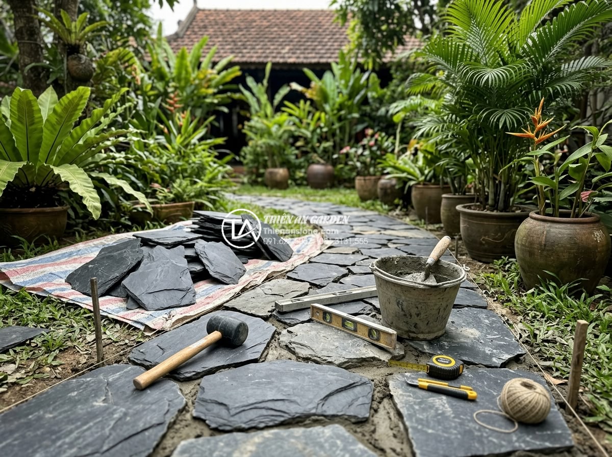 Đá rối lát sân vườn: Giải pháp thi công bền vững và thẩm mỹ - Professional team installing irregular stone paving in a residential garden with