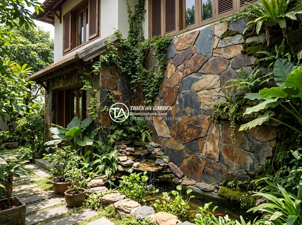 Đá rối ốp tường: Nghệ thuật tạo điểm nhấn cho không gian sống - Outdoor garden and villa facade with artistic irregular stone wall cladding blen