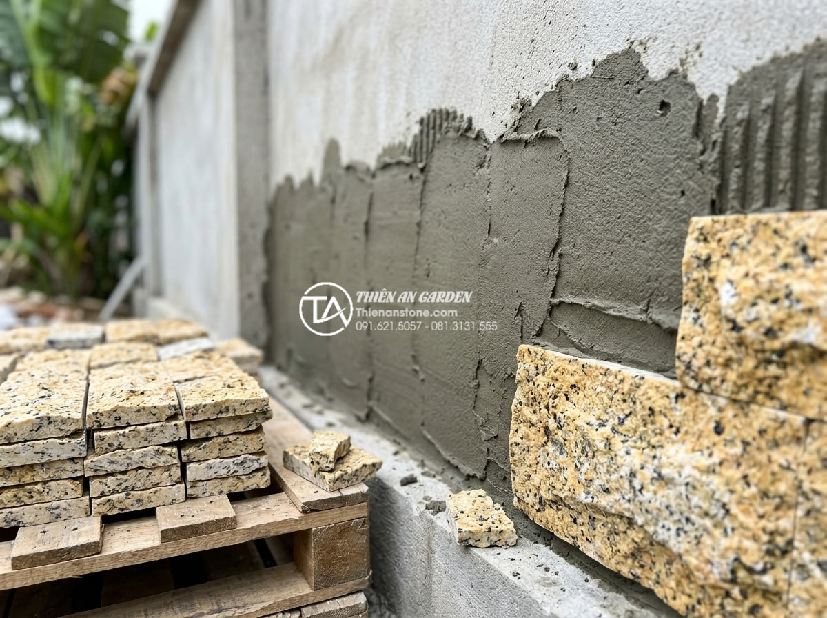 Đá rối ốp tường: Nghệ thuật tạo điểm nhấn cho không gian sống - Step-by-step professional installation process of natural stone rối wall claddin