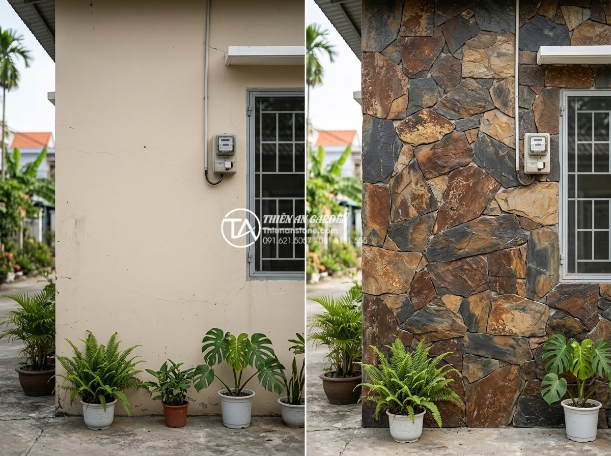 Đá rối ốp tường: Nghệ thuật tạo điểm nhấn cho không gian sống - Realistic before and after comparison images showing transformation from plain w