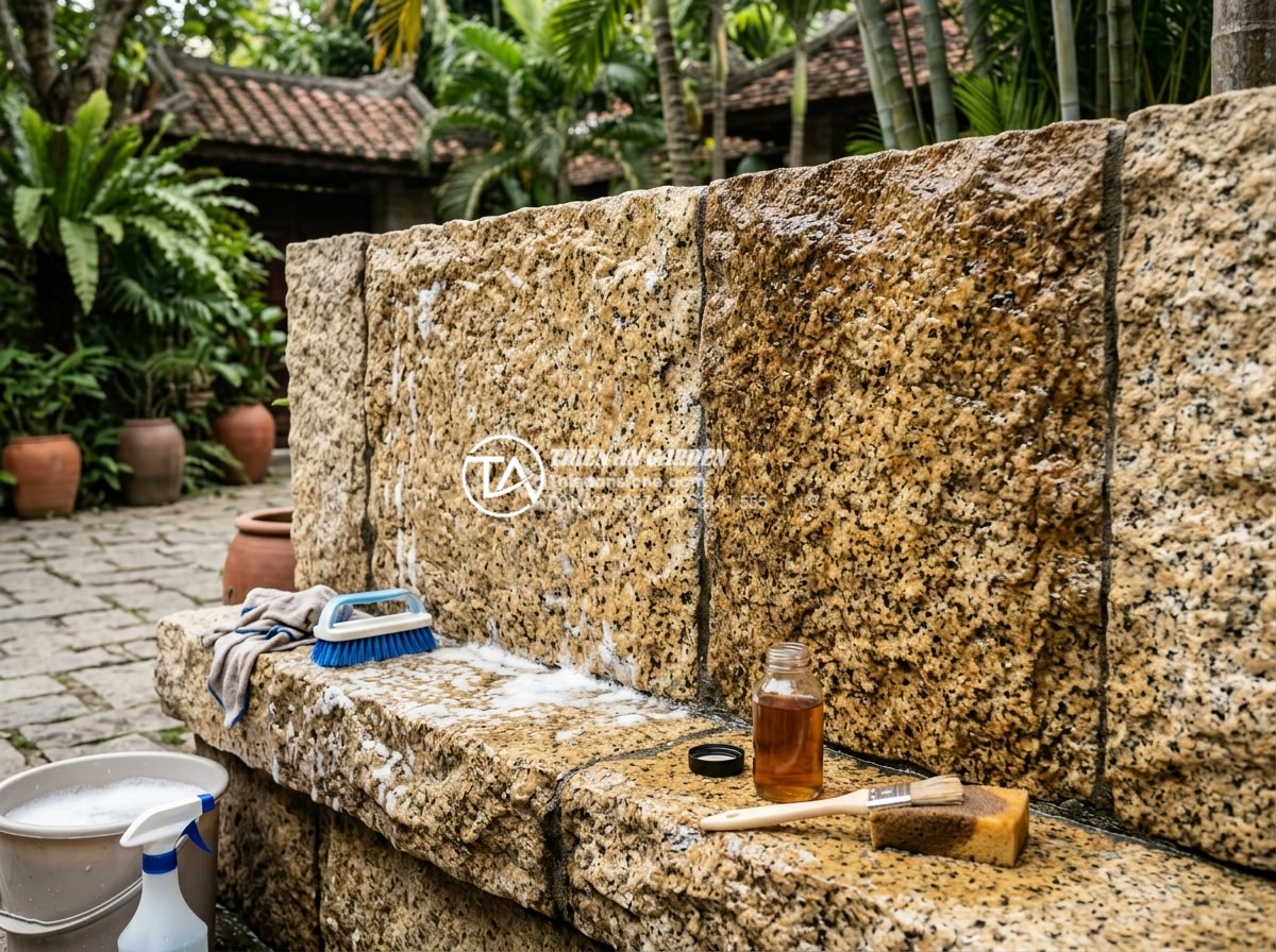 Đá rối ốp tường: Nghệ thuật tạo điểm nhấn cho không gian sống - Maintenance guide demonstration showing cleaning process and protective sealant 