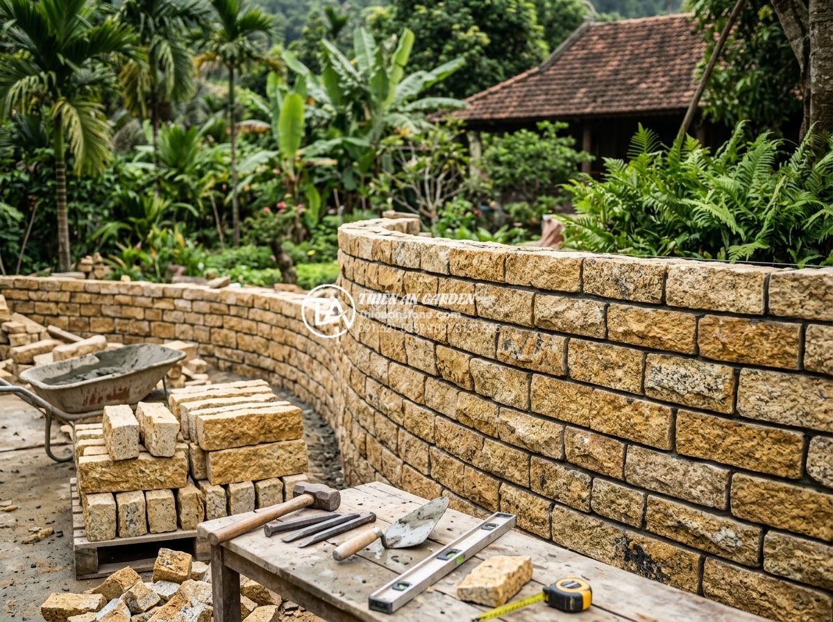 Đá rối ốp tường: Nghệ thuật tạo điểm nhấn cho không gian sống - Professional team from Da Canh Thien An working on a stone wall project with hig