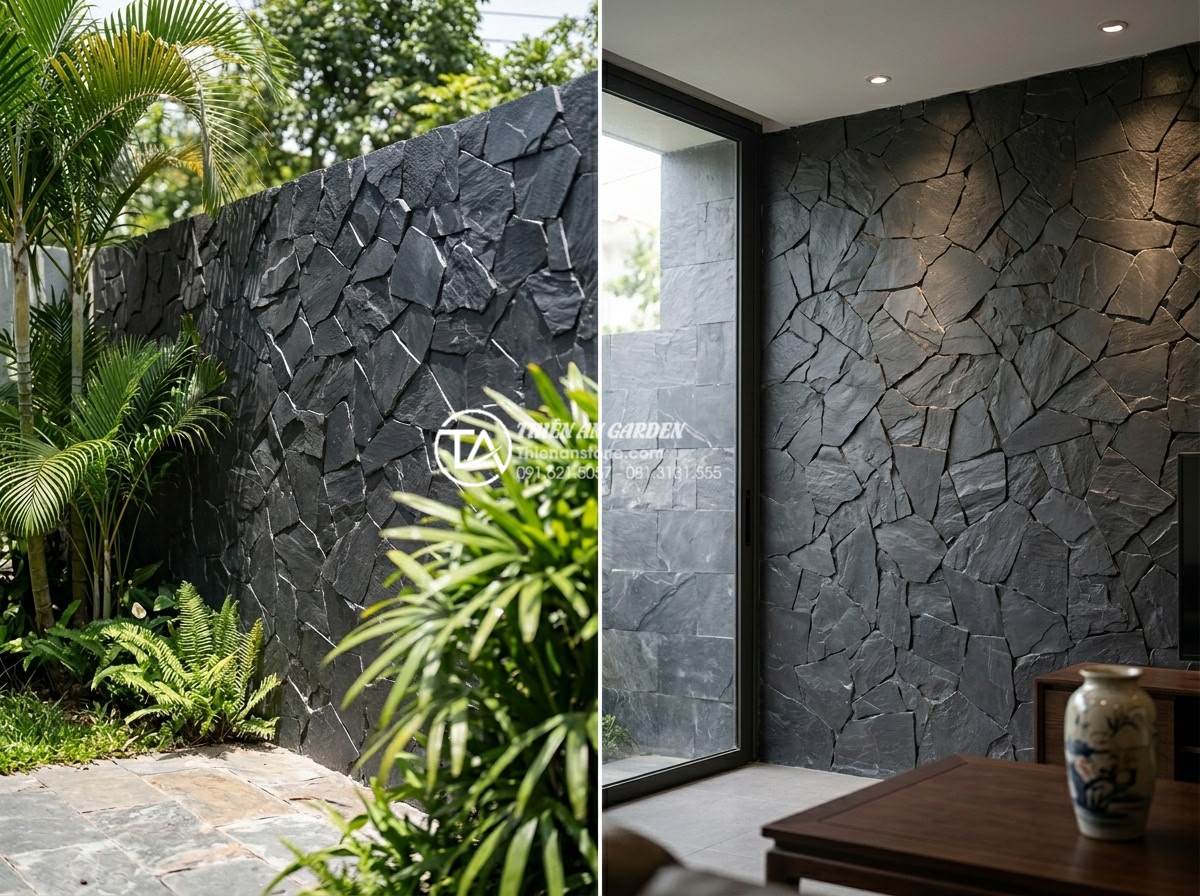Đá rối ốp tường: Nghệ thuật tạo điểm nhấn cho không gian sống - Interior and exterior side-by-side comparison of stone rối wall in different lig