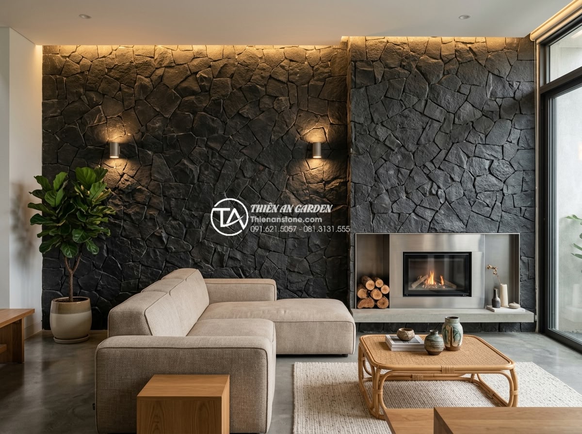 Đá rối ốp tường: Nghệ thuật tạo điểm nhấn cho không gian sống - Elegant contemporary living room with prominent natural stone rối accent wall be