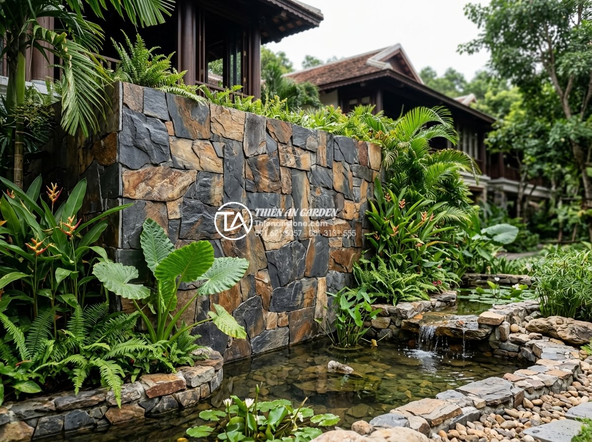 Đá rối ốp tường: Nghệ thuật tạo điểm nhấn cho không gian sống - Luxury resort exterior wall featuring artistic đá rối cladding integrated with t