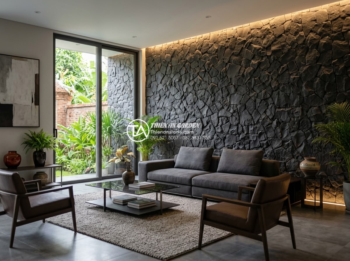 Đá rối ốp tường: Nghệ thuật tạo điểm nhấn cho không gian sống - Modern luxury interior application of stone rối wall in living room with integra