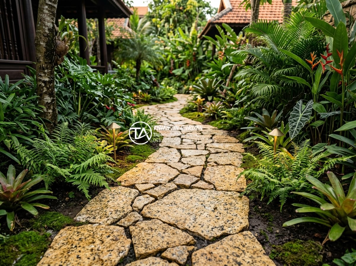 Đá rối vàng Bình Định vs Nghệ An: Sự khác biệt về chất lượng và màu sắc - Luxury garden path paved with golden Binh Dinh chaotic stones surrounded by trop