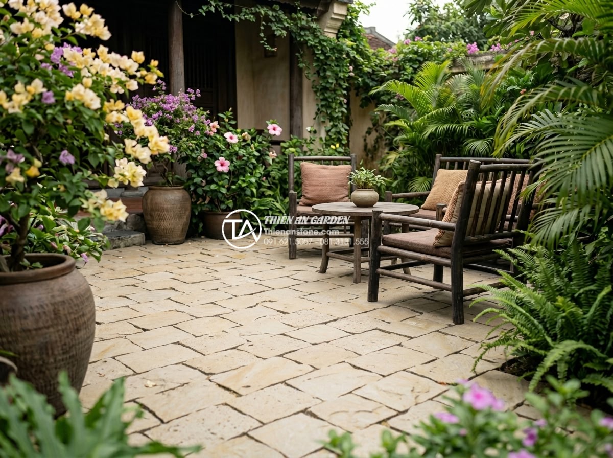 Đá rối vàng Bình Định vs Nghệ An: Sự khác biệt về chất lượng và màu sắc - Pale yellow Nghe An stones used in a cozy backyard patio design with flowers and