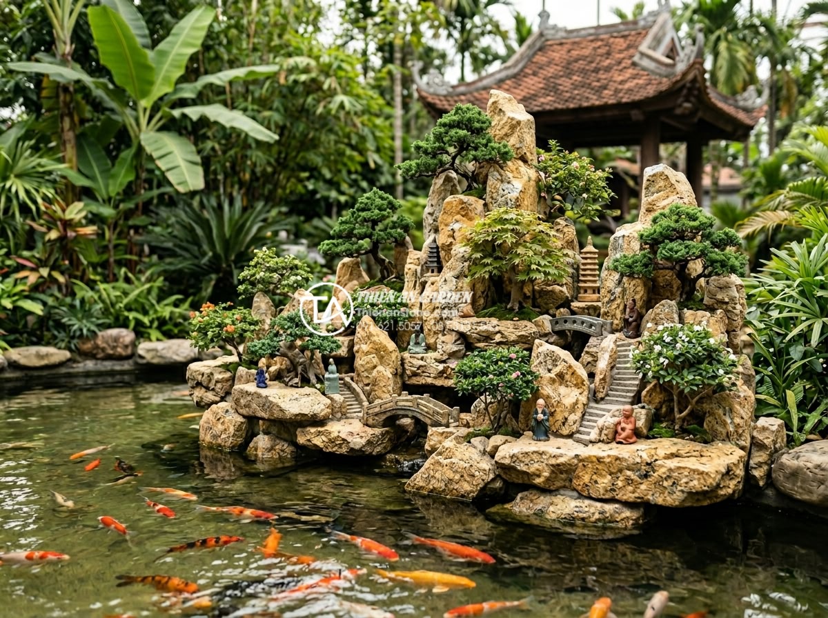 Đá rối vàng Bình Định vs Nghệ An: Sự khác biệt về chất lượng và màu sắc - Traditional Vietnamese non bo rockery made with yellow chaotic stones and miniat