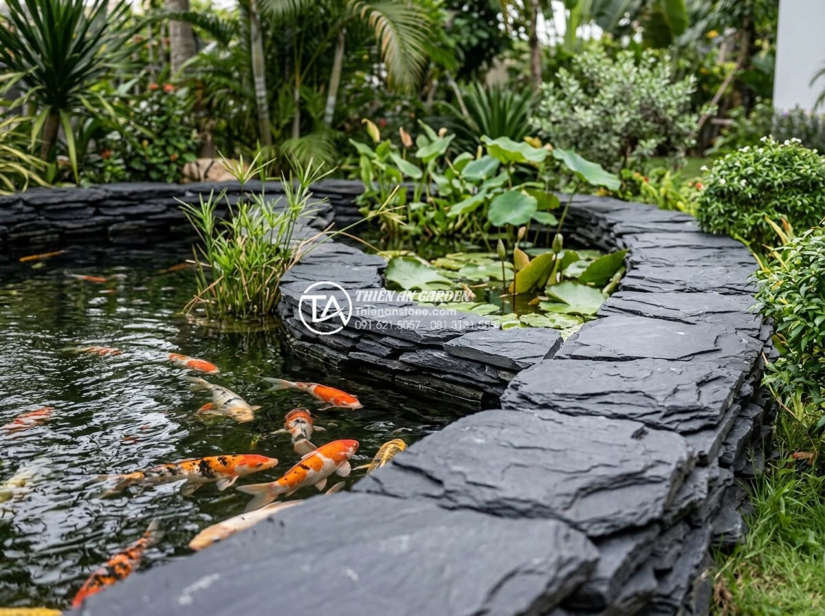 Đá rối vàng Bình Định vs Nghệ An: Sự khác biệt về chất lượng và màu sắc - Modern Koi fish pond edged with mixed yellow stones from Binh Dinh and Nghe An r