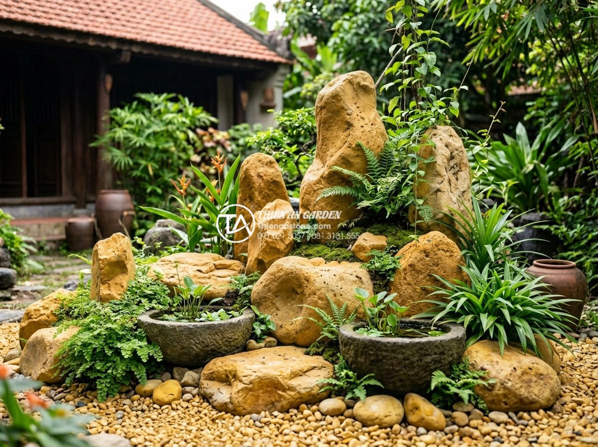 Đá rối vàng Bình Định vs Nghệ An: Sự khác biệt về chất lượng và màu sắc - Feng shui garden corner with yellow chaotic stones arranged according to element