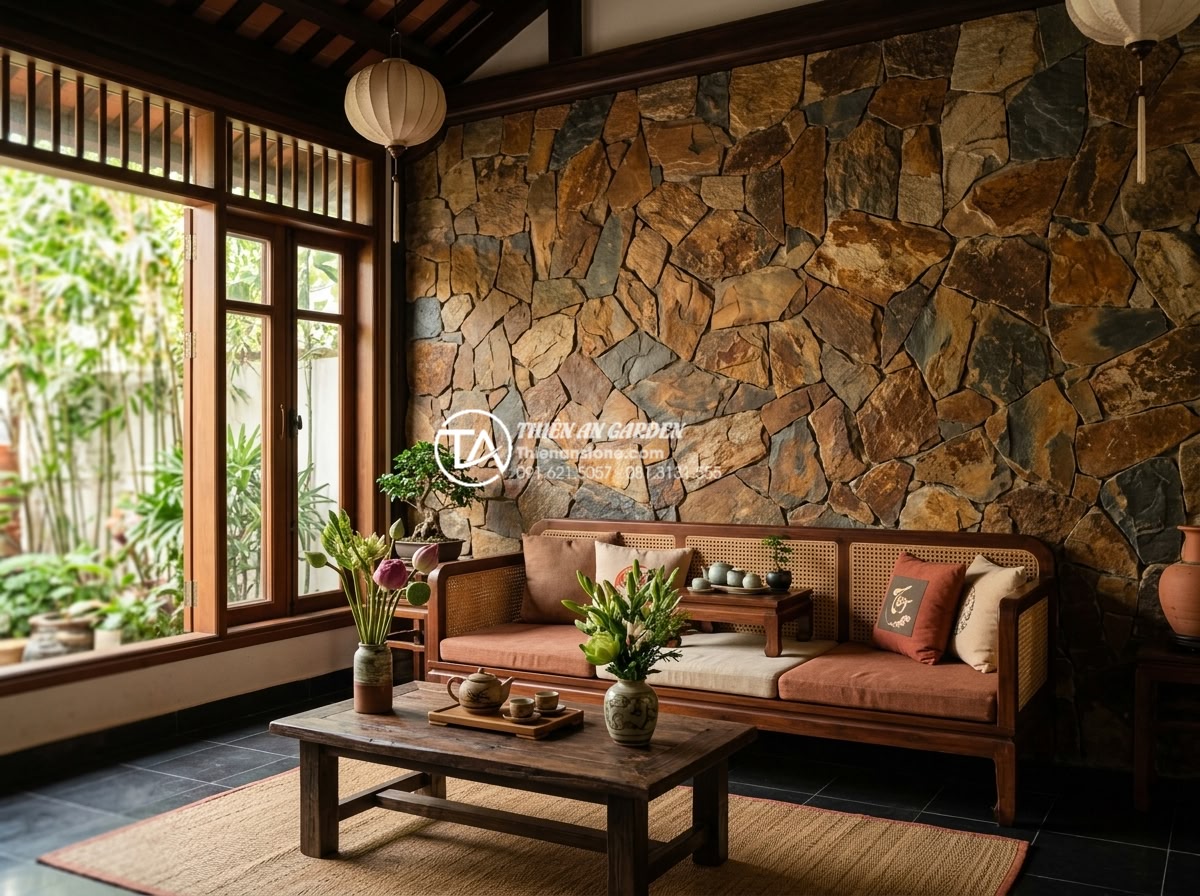 Đá rối vàng Bình Định vs Nghệ An: Sự khác biệt về chất lượng và màu sắc - Interior wall feature using golden stones in a living room evoking positive ener