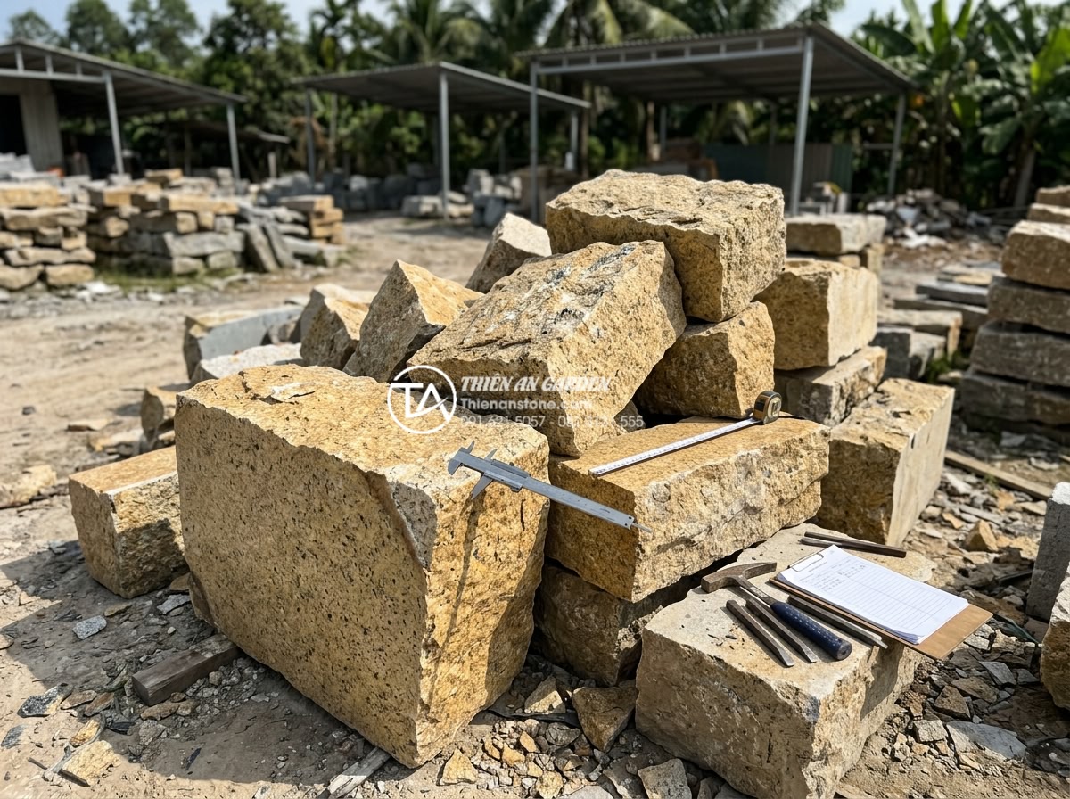 Đá rối vàng Bình Định vs Nghệ An: Sự khác biệt về chất lượng và màu sắc - Professional inspection of yellow chaotic stone quality at a stone yard with too