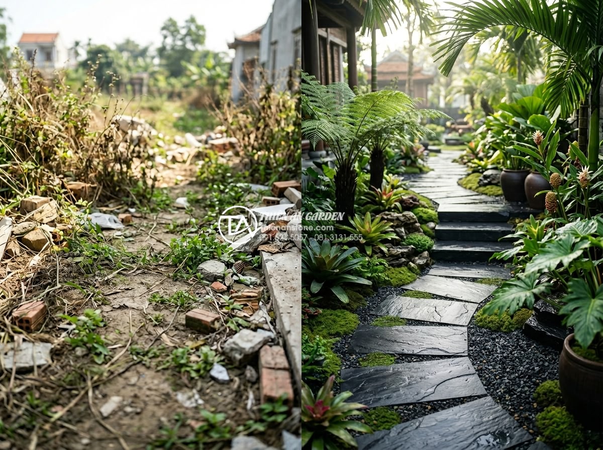 Đá rối vàng Bình Định vs Nghệ An: Sự khác biệt về chất lượng và màu sắc - Finished high-end garden project using premium yellow stones with before and aft