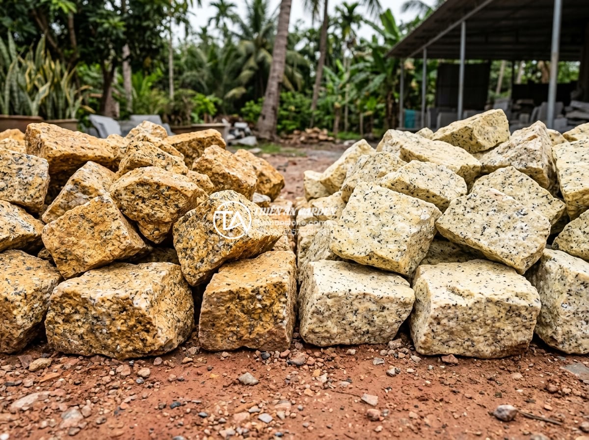 Đá rối vàng Bình Định vs Nghệ An: Sự khác biệt về chất lượng và màu sắc - Side-by-side comparison of golden yellow Binh Dinh chaotic stones next to pale y
