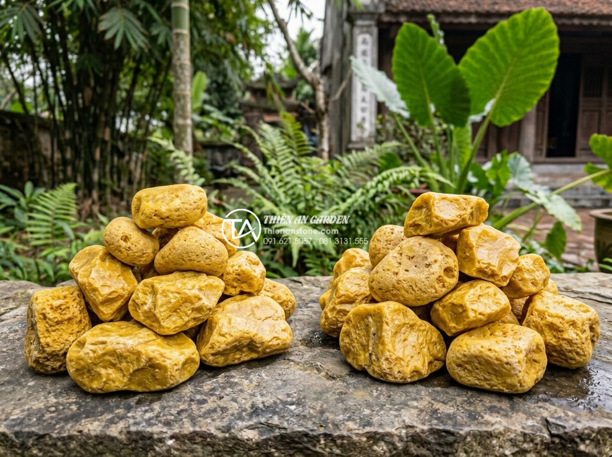 Đá rối vàng Bình Định vs Nghệ An: Sự khác biệt về chất lượng và màu sắc - Durability test visualization of yellow chaotic stones exposed to weather elemen