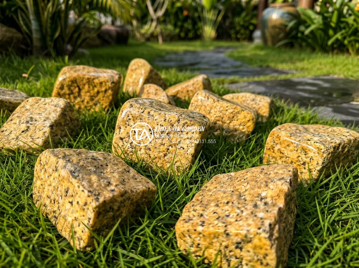 Đá rối vàng quay tay: Quy trình sản xuất và giá trị thẩm mỹ - Close-up view of golden chaotic natural stone pieces with intricate swirling pat