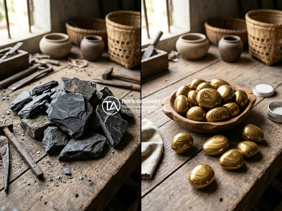 Đá rối vàng quay tay: Quy trình sản xuất và giá trị thẩm mỹ - Before and after comparison of hand-tumbled golden swirling stones: raw rough pi