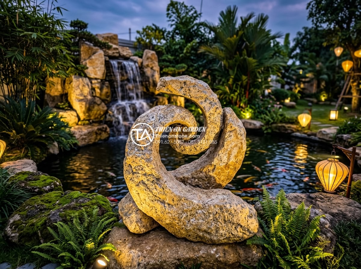 Đá rối vàng quay tay: Quy trình sản xuất và giá trị thẩm mỹ - Artistic arrangement of golden swirling natural stones in a serene luxury garden