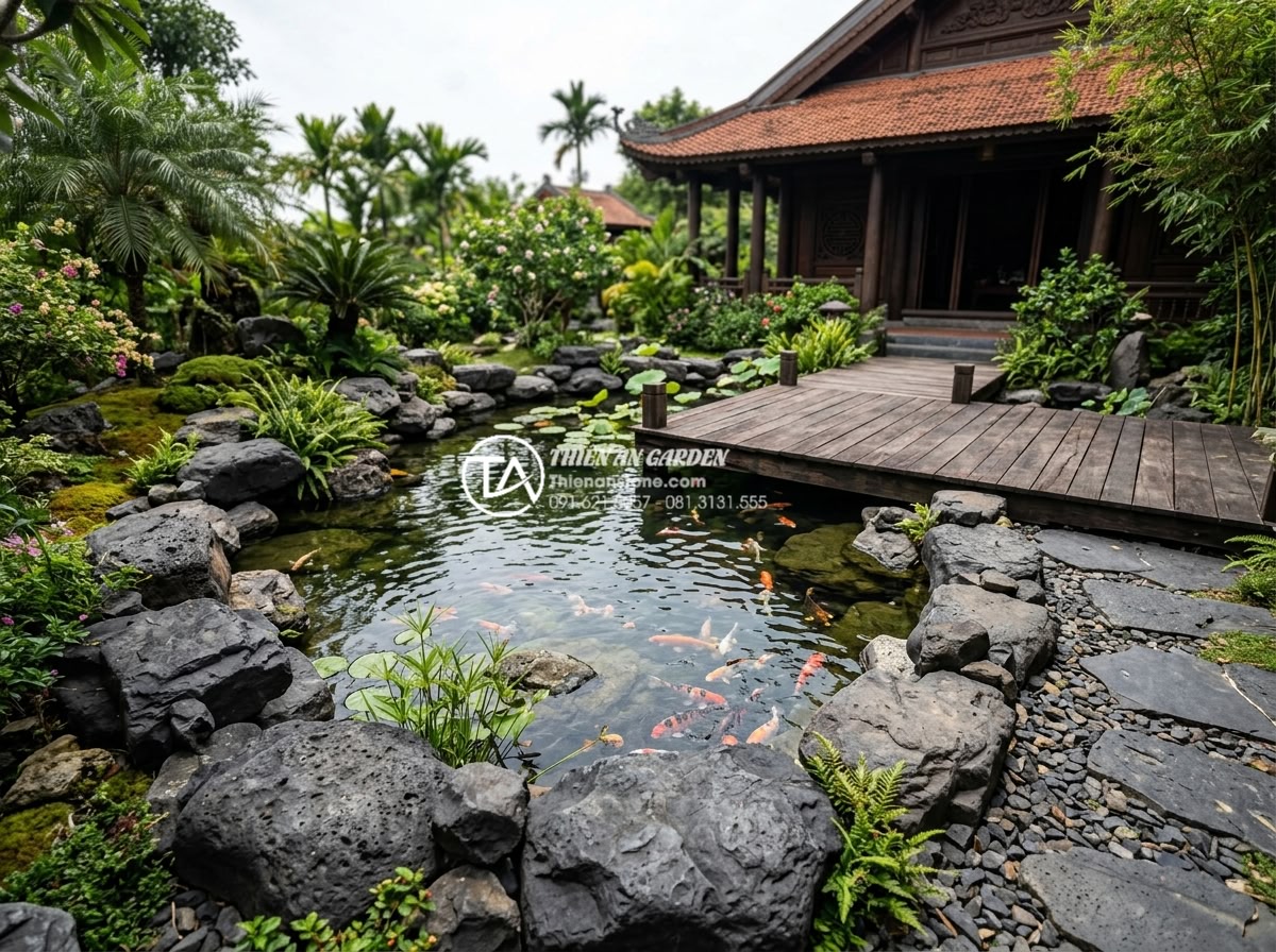 Đá rối vàng quay tay: Quy trình sản xuất và giá trị thẩm mỹ - Luxury villa garden design featuring golden hand-tumbled chaotic stones around a