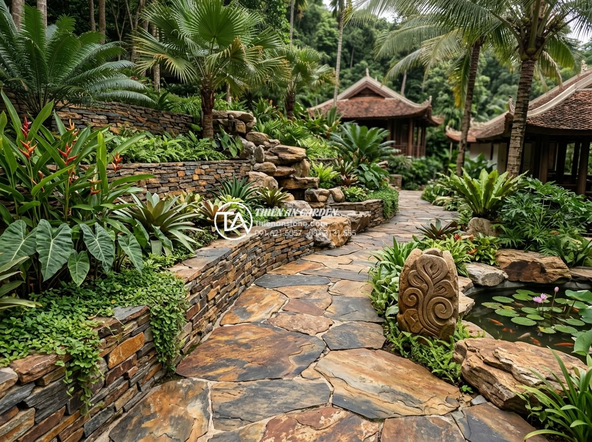 Đá rối vàng quay tay: Quy trình sản xuất và giá trị thẩm mỹ - Large-scale resort landscape project using golden natural swirling stones for pa