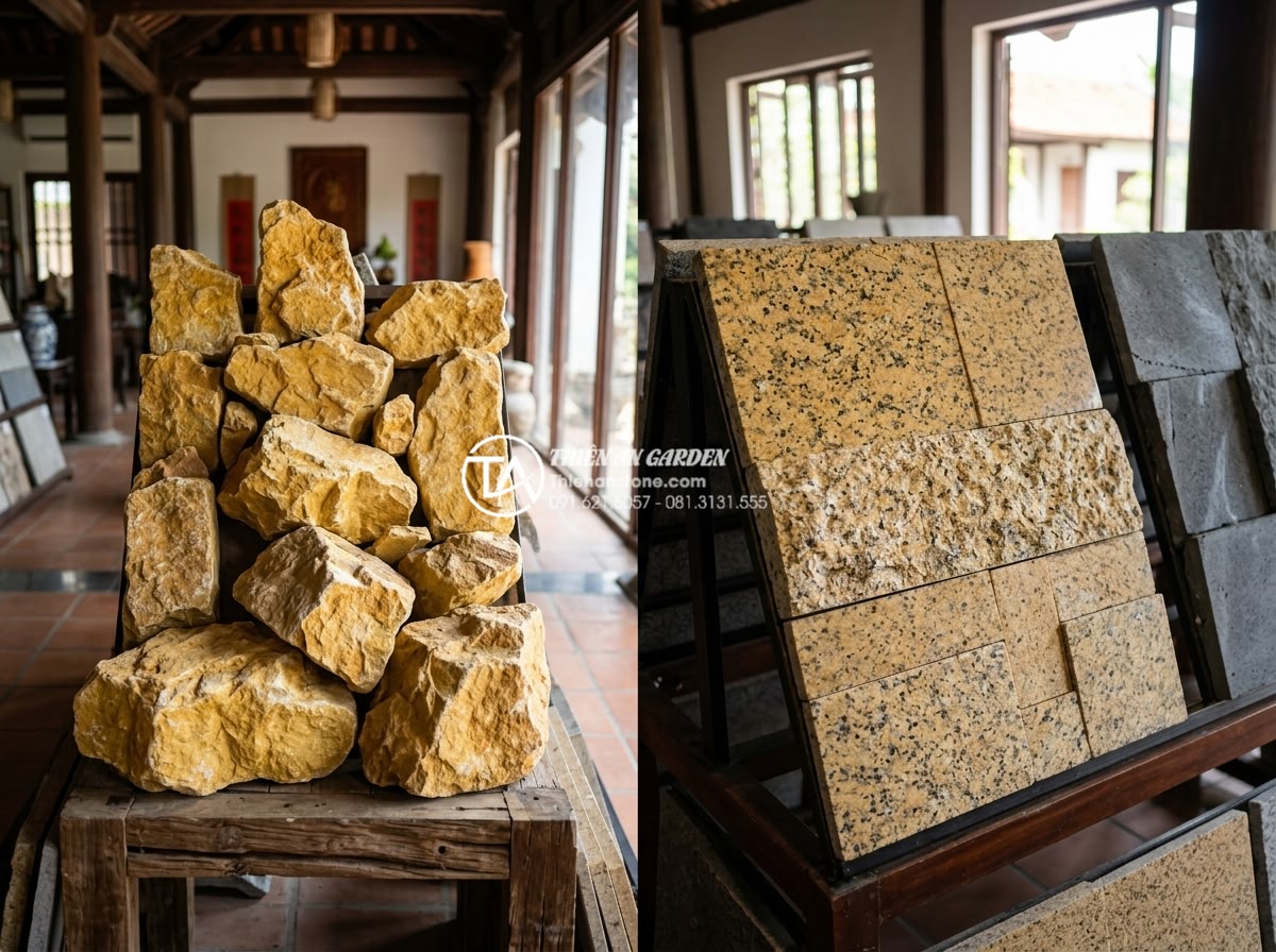 Đá rối vàng quay tay: Quy trình sản xuất và giá trị thẩm mỹ - Side-by-side comparison of golden chaotic natural stones vs other decorative sto