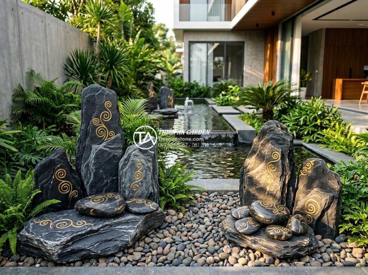 Đá rối vàng quay tay: Quy trình sản xuất và giá trị thẩm mỹ - Wide angle shot of multiple hand-tumbled golden swirling natural stones arranged